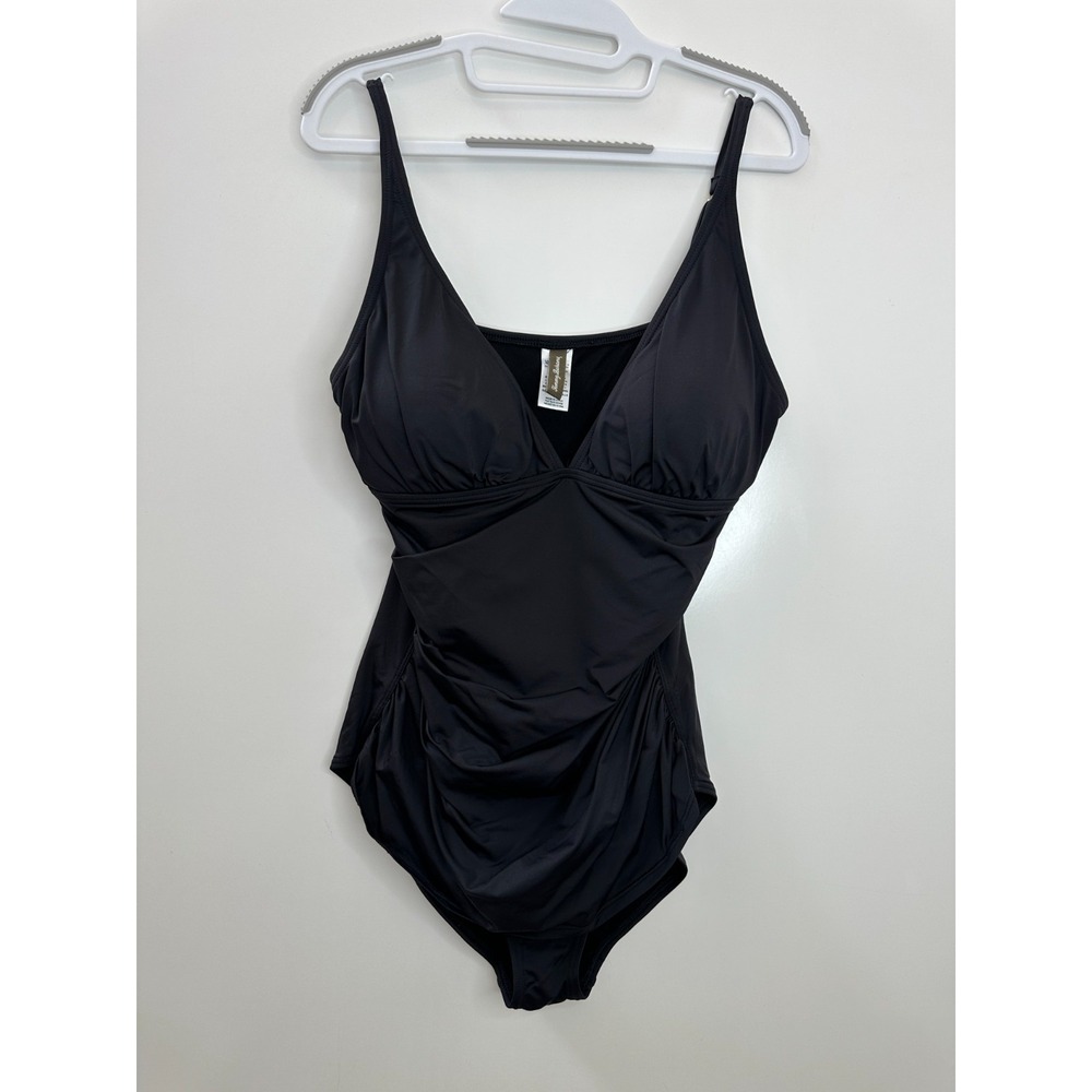 Tommy Bahama Womens Black Ruched One Piece Swimsuit Tummy Control Size 14 - Picture 2 of 14
